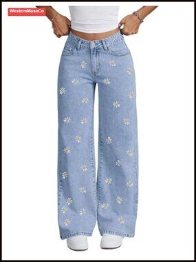 Womens High Waist Wide Leg Palazzo Jeans Floral Embroidered Denim Pants